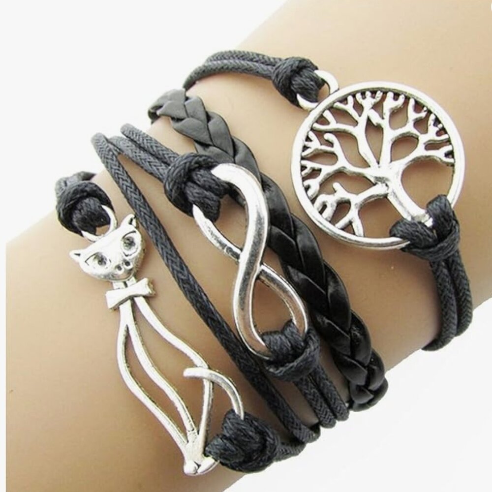 Braided Multistrand Bracelet With A Cat, Tree Of Life And Infinity Links